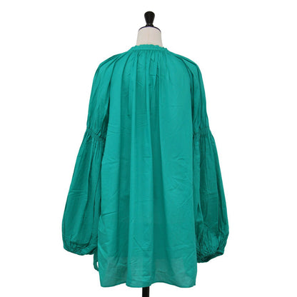 21春夏 コットン スキッパー チュニック / ブラウス 長袖 ボリュームスリーブ シャーリング スリット