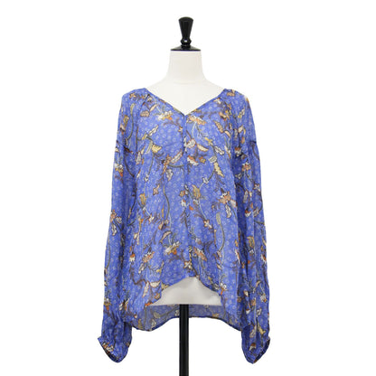 Vネック シアー 花柄 ブラウス / プルオーバー 長袖 ラグランスリーブ スリット