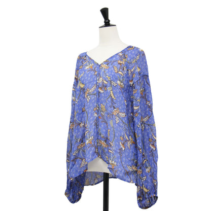 Vネック シアー 花柄 ブラウス / プルオーバー 長袖 ラグランスリーブ スリット