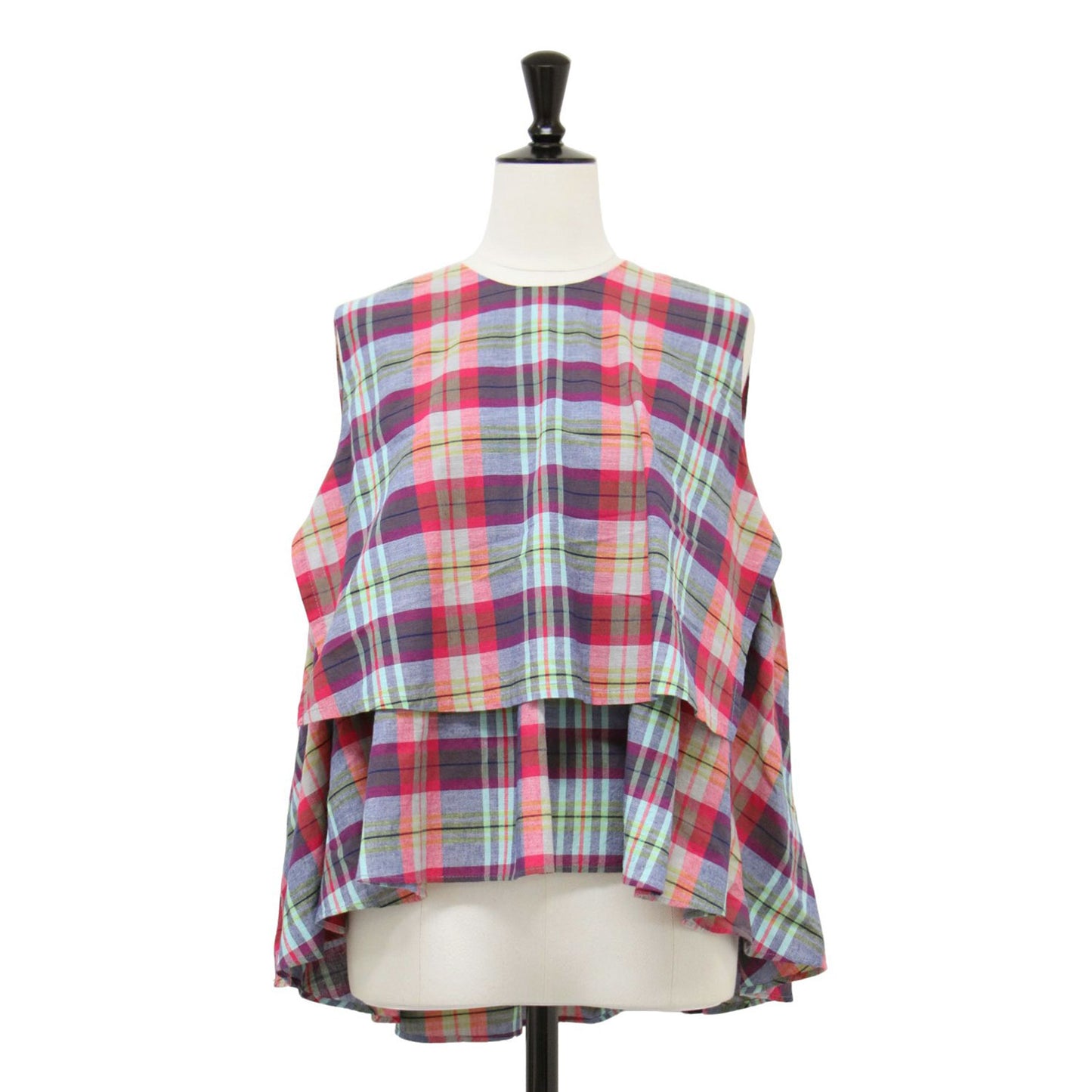 マドラスチェック レイヤード ギャザー ノースリーブ プルオーバー / ブラウス フリル Aライン 総柄 コットン