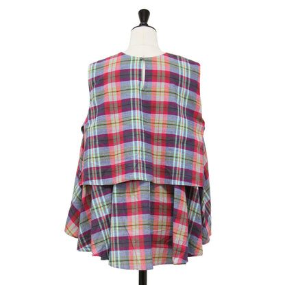 マドラスチェック レイヤード ギャザー ノースリーブ プルオーバー / ブラウス フリル Aライン 総柄 コットン