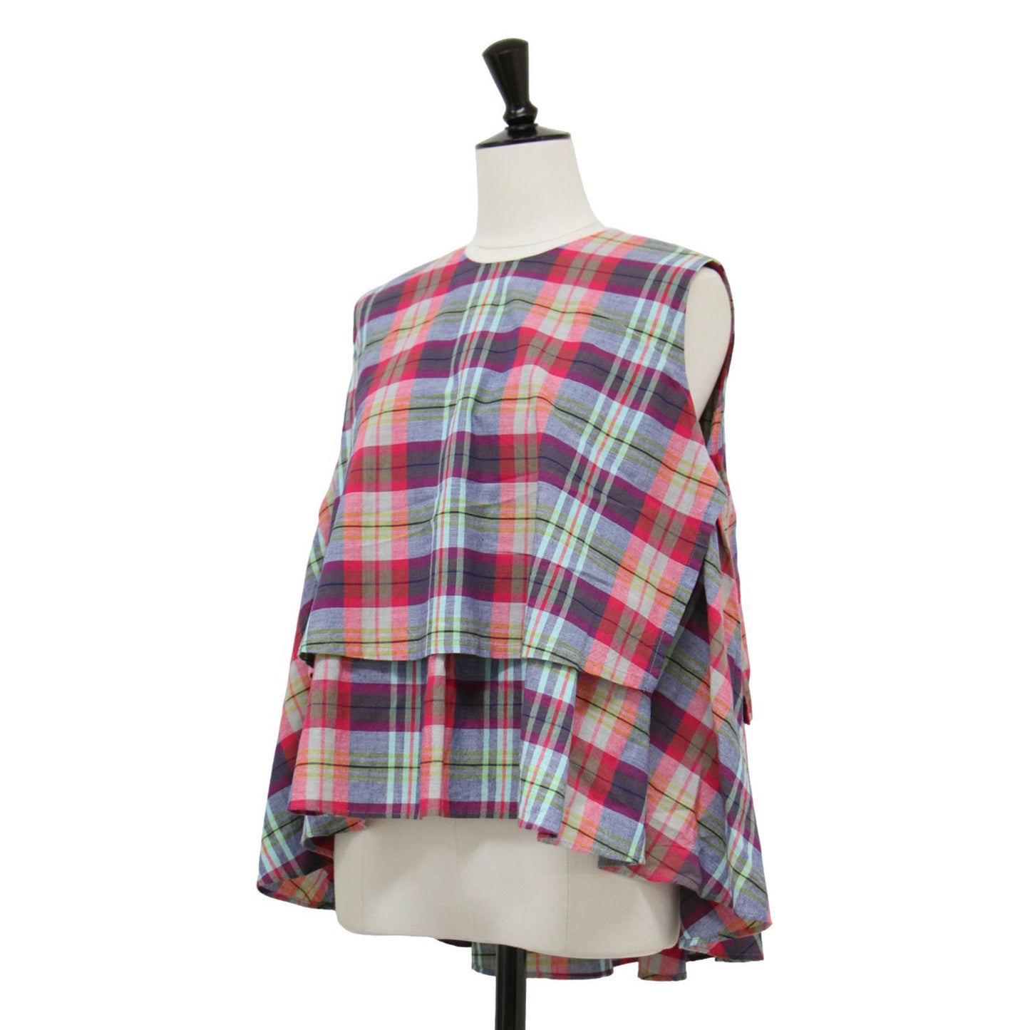 マドラスチェック レイヤード ギャザー ノースリーブ プルオーバー / ブラウス フリル Aライン 総柄 コットン