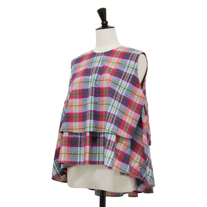 マドラスチェック レイヤード ギャザー ノースリーブ プルオーバー / ブラウス フリル Aライン 総柄 コットン