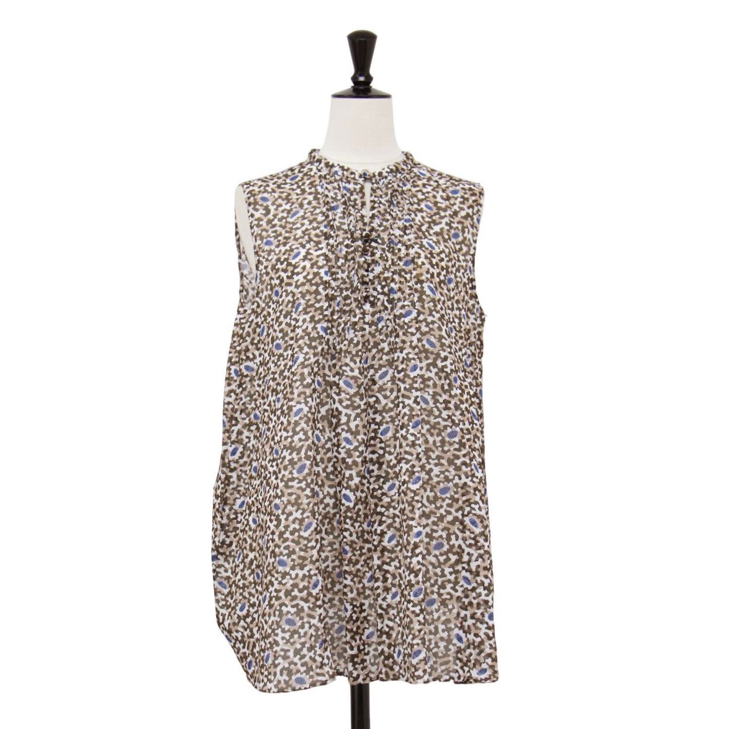 23春夏 コットン プリント ノースリーブ ブラウス / シャツ クルーネック タック シアー Aライン 総柄