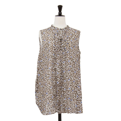 23春夏 コットン プリント ノースリーブ ブラウス / シャツ クルーネック タック シアー Aライン 総柄