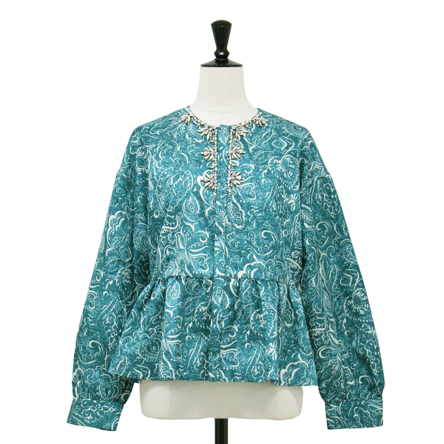 24秋冬 ポリエステル プリント ビジュー ペプラム ブラウス / 長袖 ジャカード ボリュームスリーブ