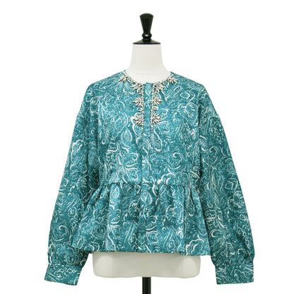 24秋冬 ポリエステル プリント ビジュー ペプラム ブラウス / 長袖 ジャカード ボリュームスリーブ