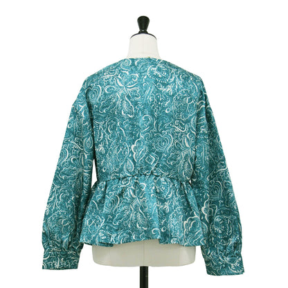 24秋冬 ポリエステル プリント ビジュー ペプラム ブラウス / 長袖 ジャカード ボリュームスリーブ