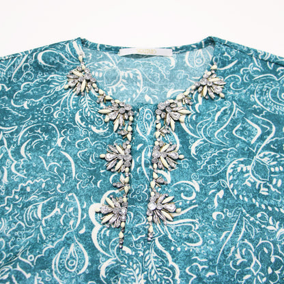 24秋冬 ポリエステル プリント ビジュー ペプラム ブラウス / 長袖 ジャカード ボリュームスリーブ