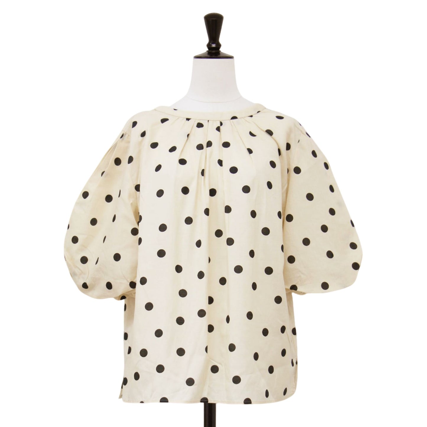 23春夏 ドット プリント パフスリーブ ブラウス / プルオーバー 半袖 ５分袖 バルーンスリーブ タック リボン 2WAY