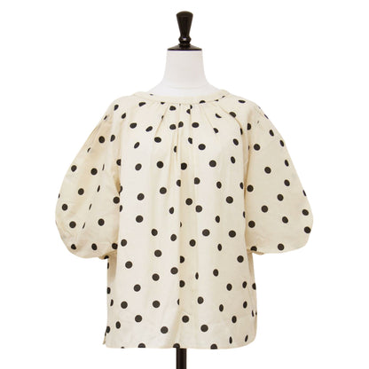 23春夏 ドット プリント パフスリーブ ブラウス / プルオーバー 半袖 ５分袖 バルーンスリーブ タック リボン 2WAY