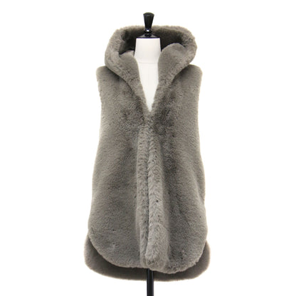 21秋冬 フード付き エコファー ロング ベスト / ジレ チュニック丈 切替 スリット