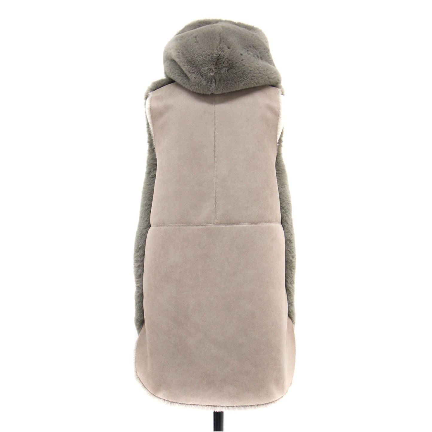 21秋冬 フード付き エコファー ロング ベスト / ジレ チュニック丈 切替 スリット