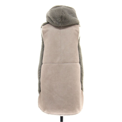 21秋冬 フード付き エコファー ロング ベスト / ジレ チュニック丈 切替 スリット