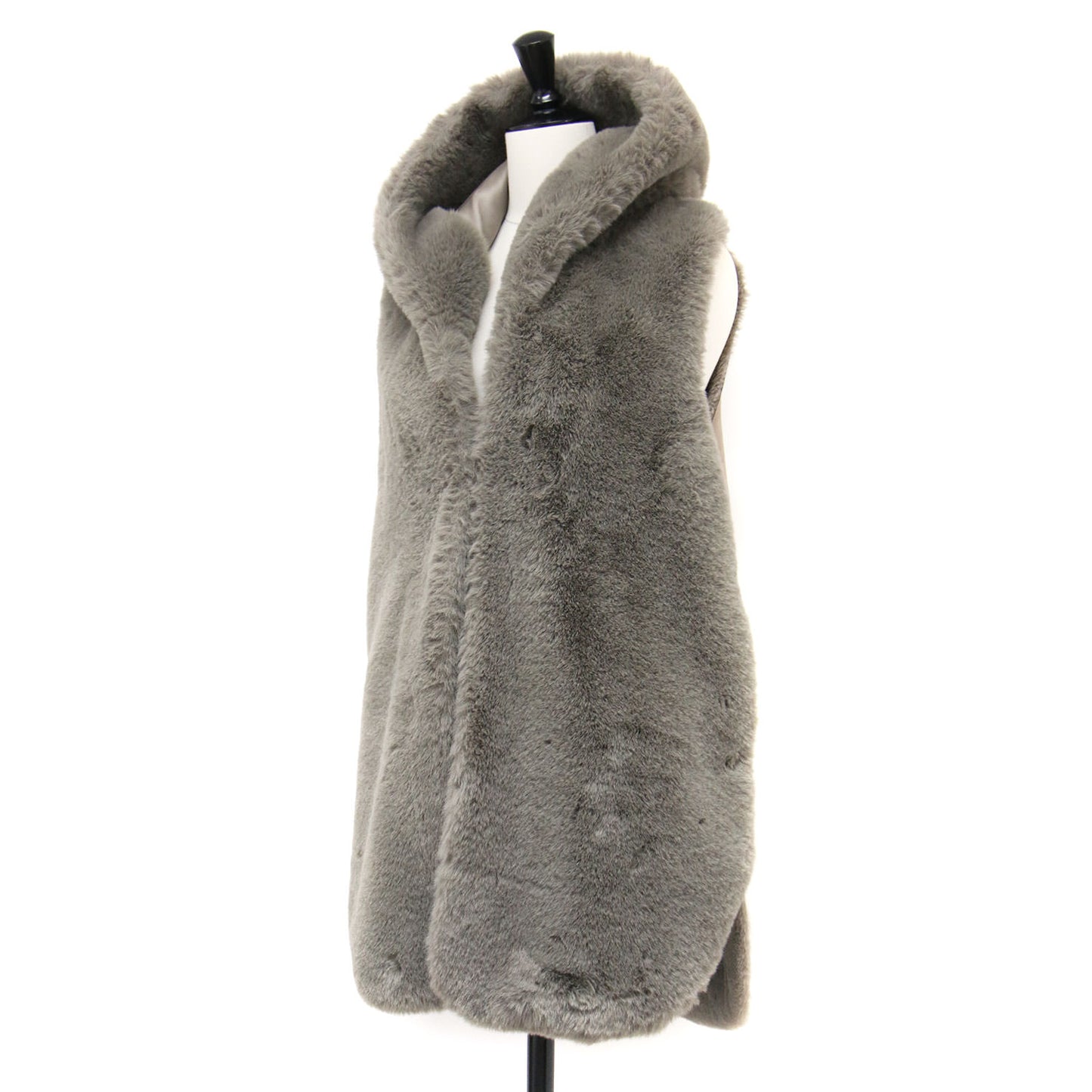 21秋冬 フード付き エコファー ロング ベスト / ジレ チュニック丈 切替 スリット