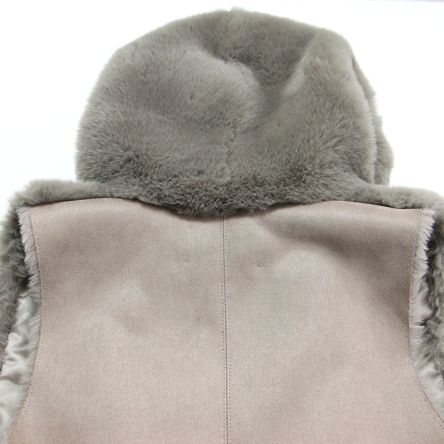 21秋冬 フード付き エコファー ロング ベスト / ジレ チュニック丈 切替 スリット