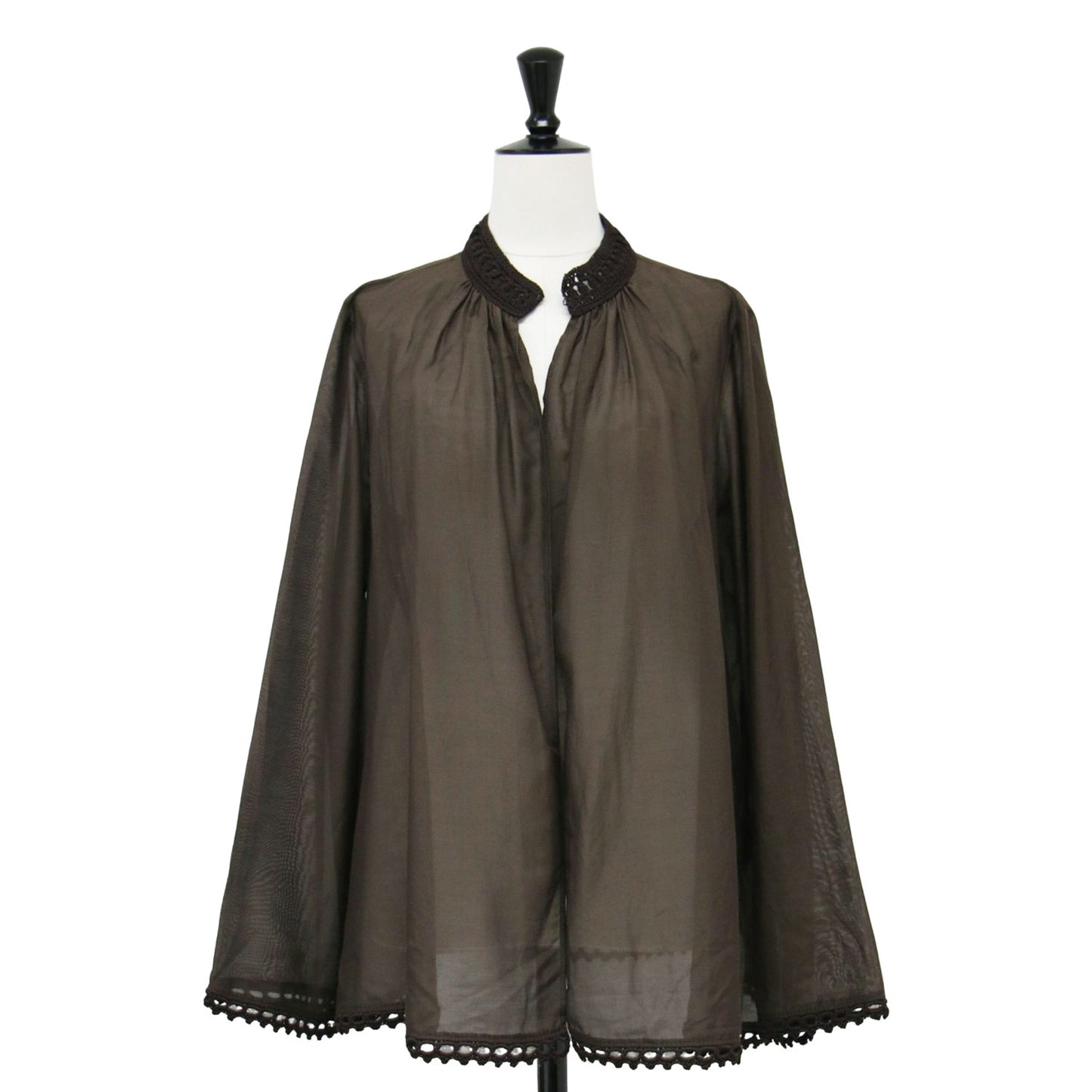 25春夏 コットン シルク ローン フレア ブラウス / 長袖 ギャザー ボタンレス かぎ針編み