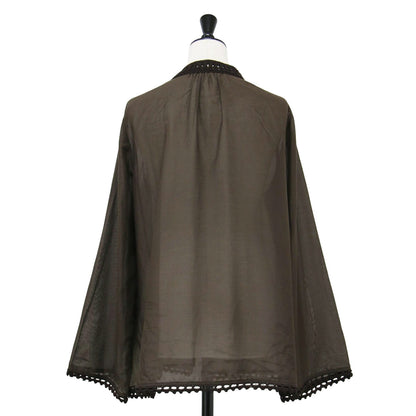 25春夏 コットン シルク ローン フレア ブラウス / 長袖 ギャザー ボタンレス かぎ針編み