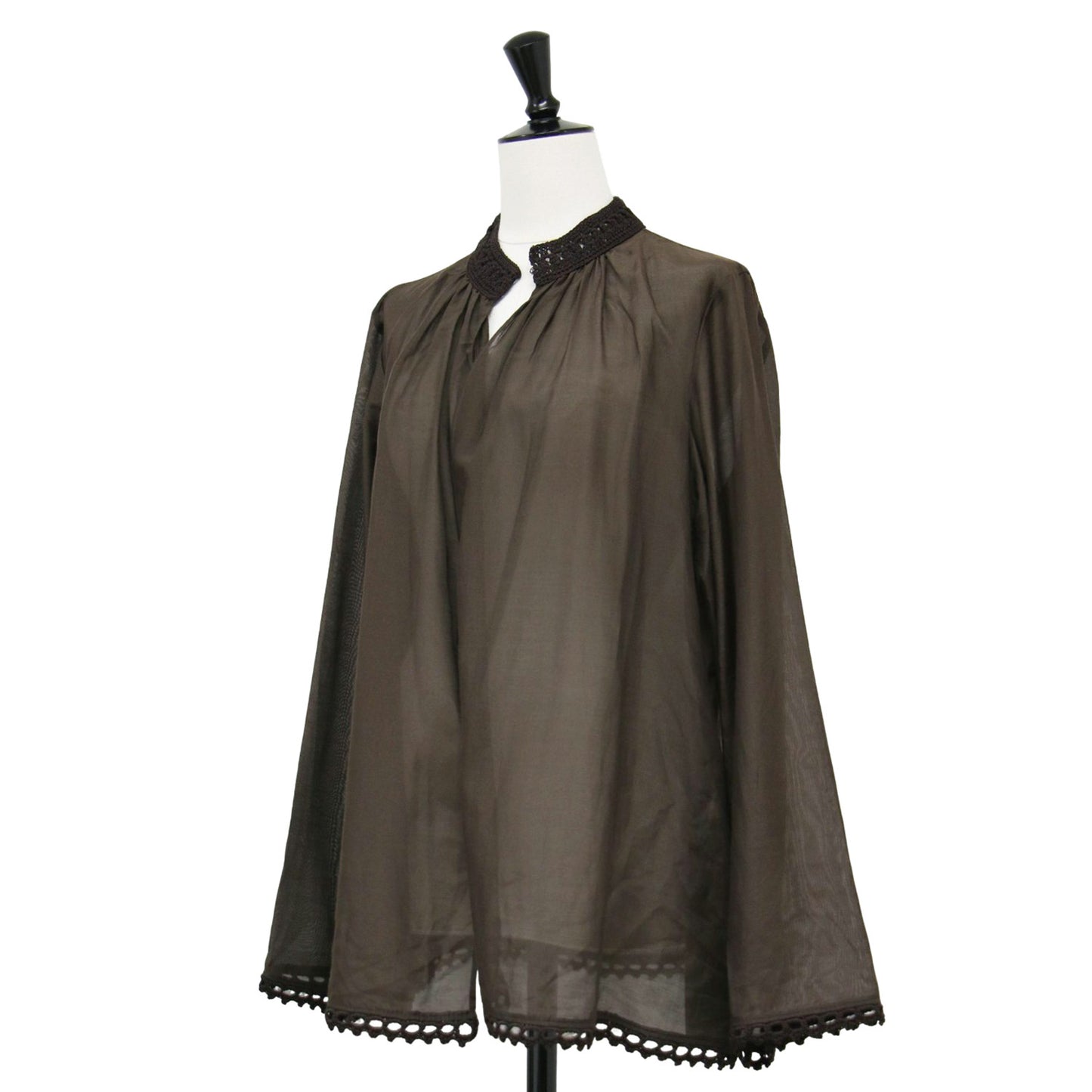 25春夏 コットン シルク ローン フレア ブラウス / 長袖 ギャザー ボタンレス かぎ針編み