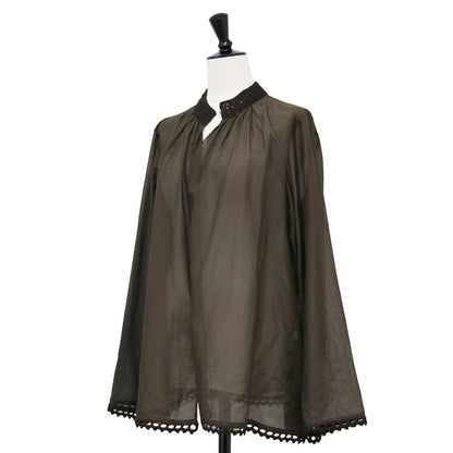 25春夏 コットン シルク ローン フレア ブラウス / 長袖 ギャザー ボタンレス かぎ針編み