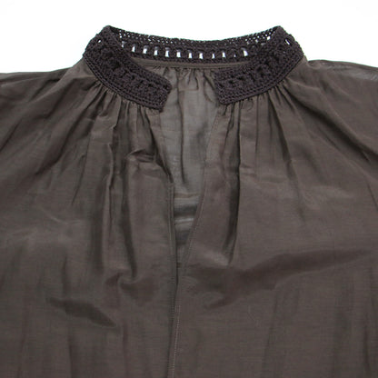 25春夏 コットン シルク ローン フレア ブラウス / 長袖 ギャザー ボタンレス かぎ針編み