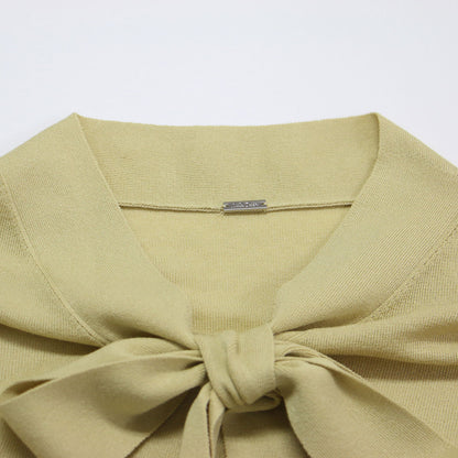 22秋冬 ボウタイニット プリーツスカート セットアップ / 7分袖 ロング丈 リボン ウエストゴム フレア ハイゲージ