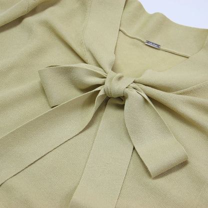 22秋冬 ボウタイニット プリーツスカート セットアップ / 7分袖 ロング丈 リボン ウエストゴム フレア ハイゲージ