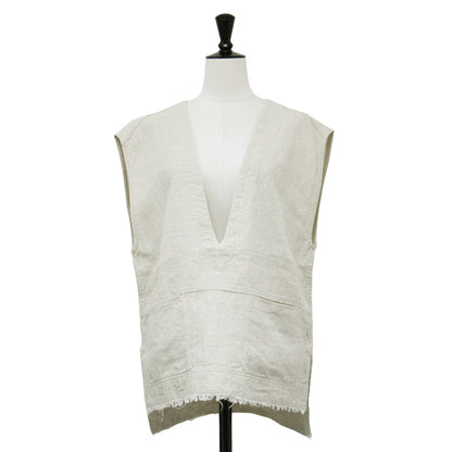 22春夏 深Vネック リネン ベスト / プルオーバー ノースリーブ ワイド フリンジ　