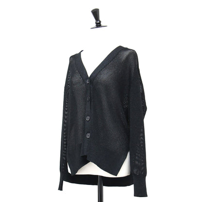 24春夏 ラメ メッシュ Vネック カーディガン / ニット 長袖 スリット ハイゲージ