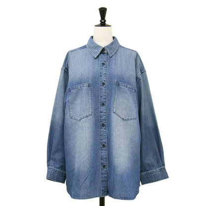 24秋冬 デニム オーバーサイズ シャツ / 長袖 ロング スリーブ レギュラーカラー アタリ 加工 ライトオンス