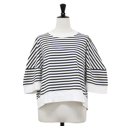 23春夏 ボーダー クロップド Tシャツ / カットソー 5分袖 クルーネック ワイド ドロップショルダー コットン