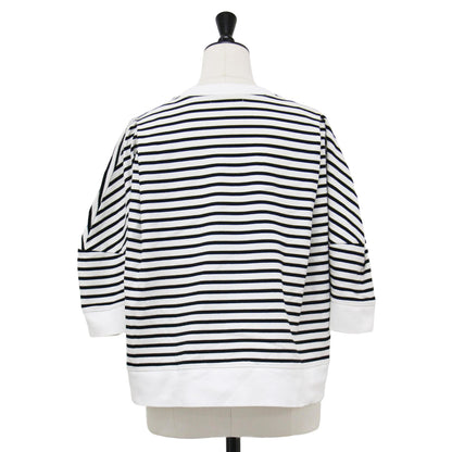 23春夏 ボーダー クロップド Tシャツ / カットソー 5分袖 クルーネック ワイド ドロップショルダー コットン