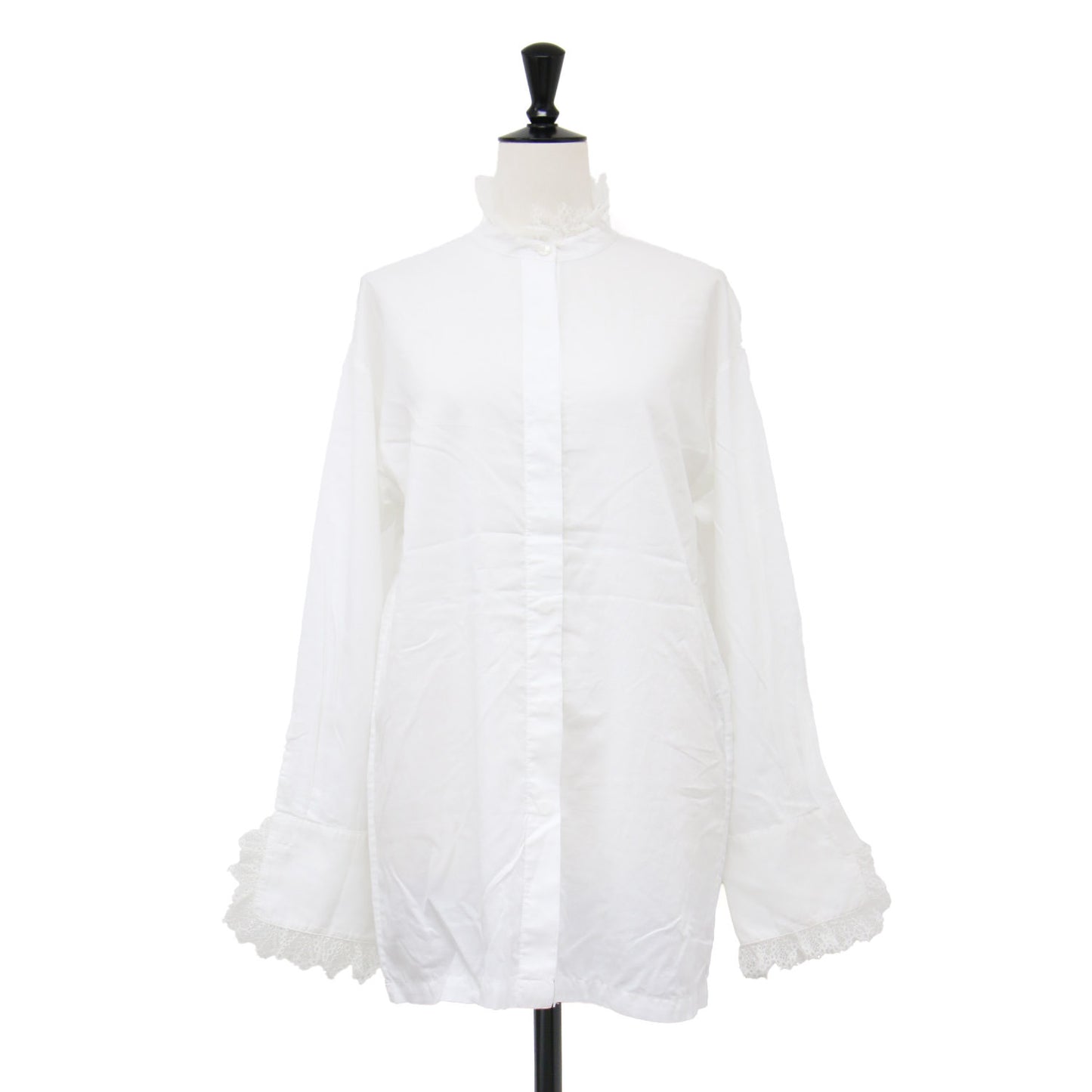 21春夏 コットン シアー レース シャツ / ブラウス 長袖 スタンドカラー タック 比翼ボタン