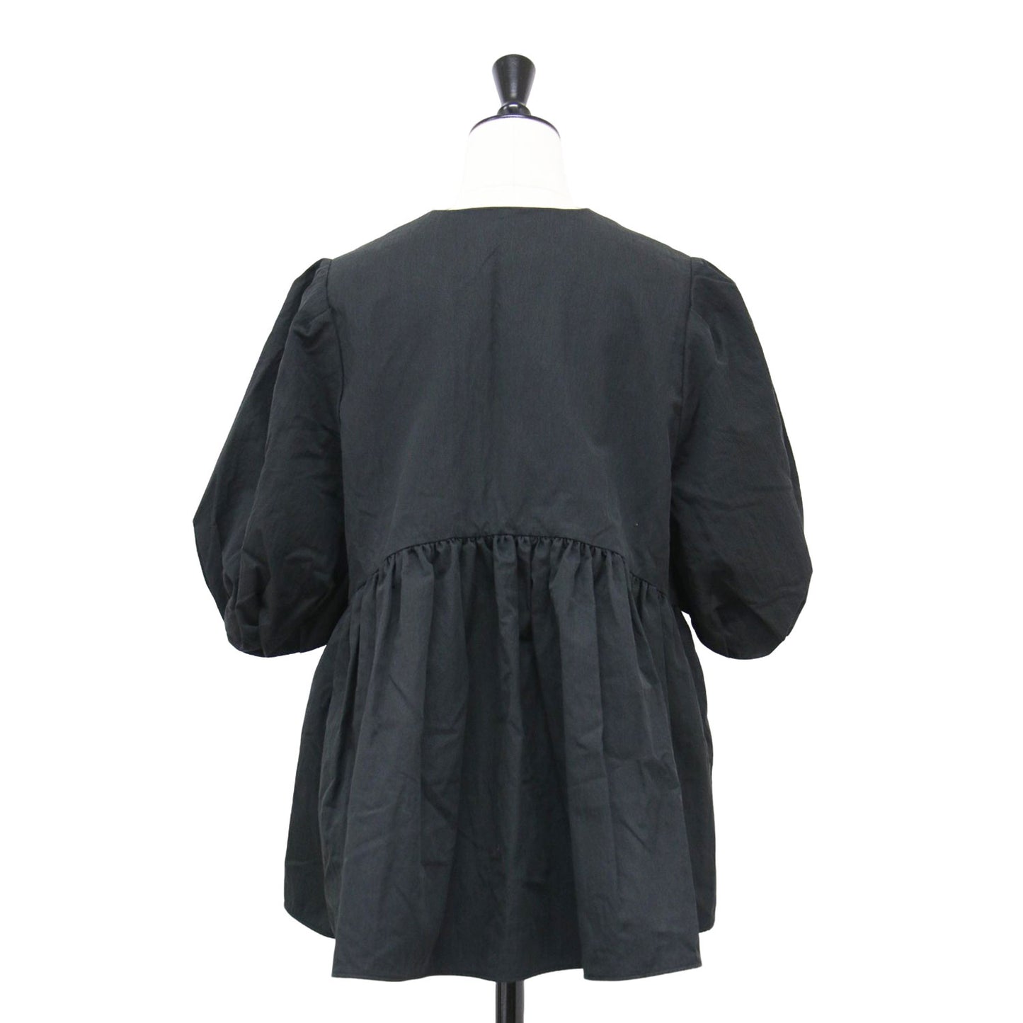 23春夏 ハイカウントギャバジン パフスリーブ ブラウス / プルオーバー 5分袖 キーネック パフスリーブ ギャザー フレア コットン