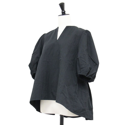 23春夏 ハイカウントギャバジン パフスリーブ ブラウス / プルオーバー 5分袖 キーネック パフスリーブ ギャザー フレア コットン