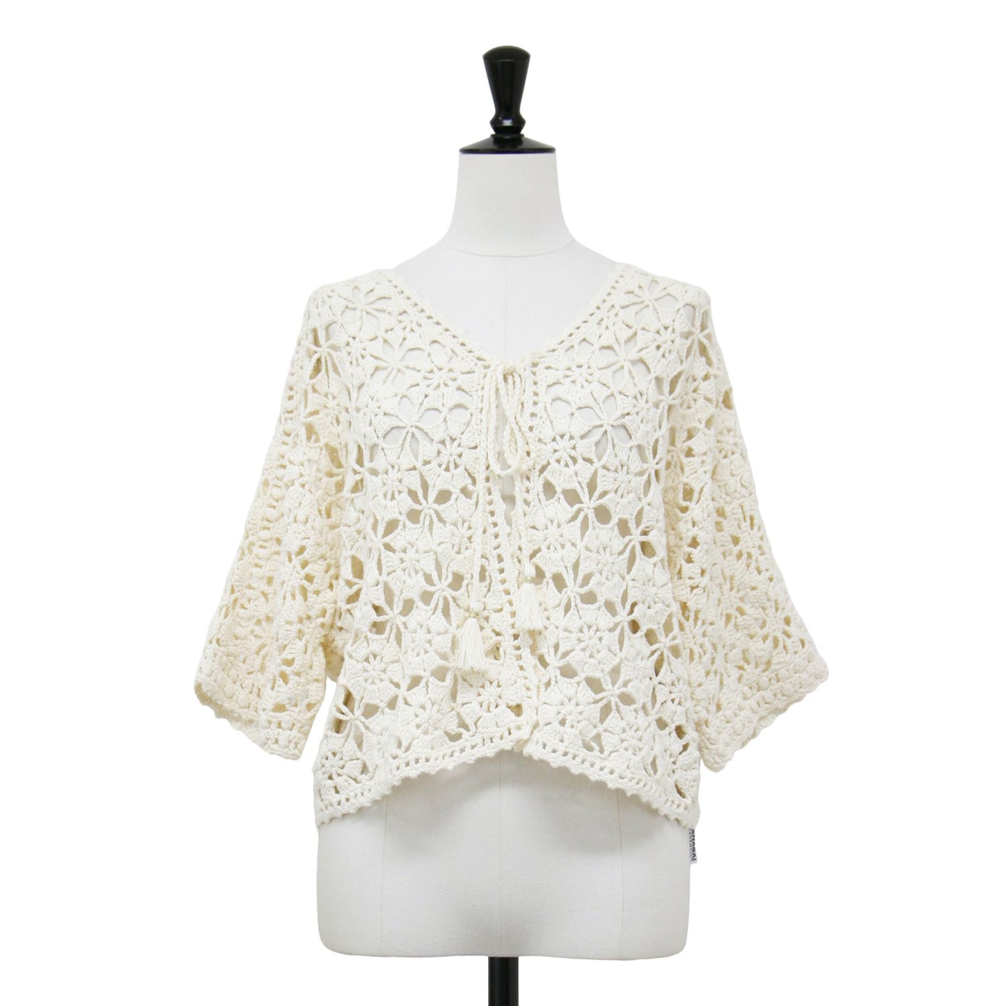 24春夏 モチーフ クロシェット ハーフスリーブ カーディガン / ニット 半袖 かぎ針編み コットン リネン