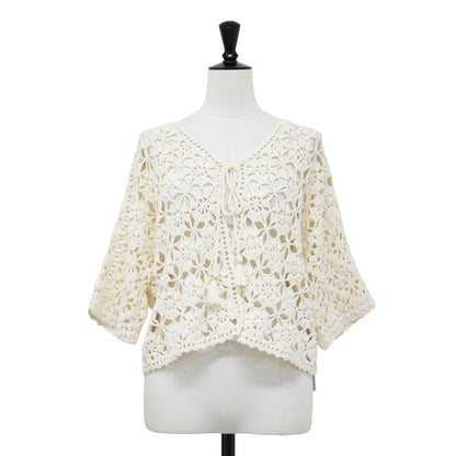 24春夏 モチーフ クロシェット ハーフスリーブ カーディガン / ニット 半袖 かぎ針編み コットン リネン