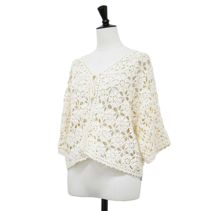 24春夏 モチーフ クロシェット ハーフスリーブ カーディガン / ニット 半袖 かぎ針編み コットン リネン