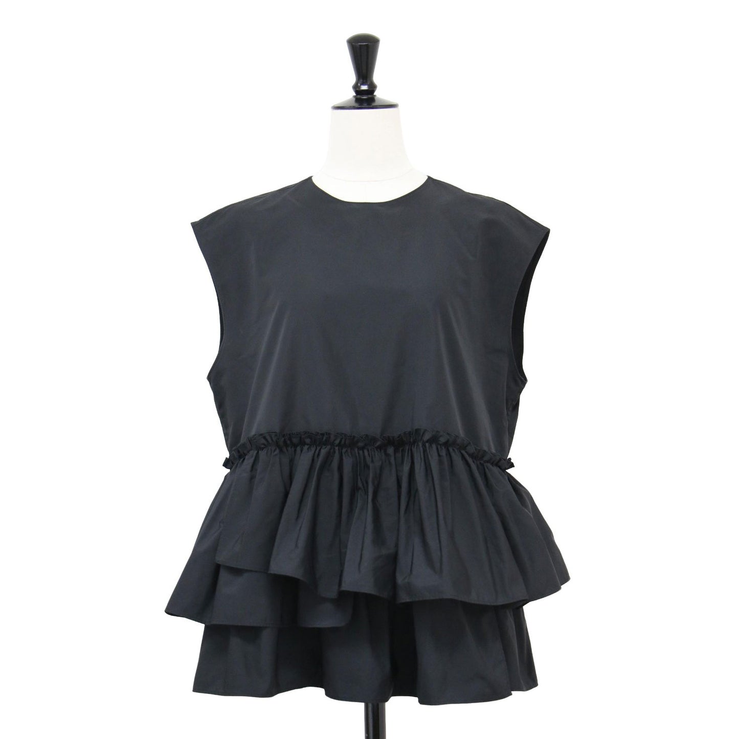 23秋冬 ポリエステル シルク マット タフタ ギャザー ティアード ブラウス / プルオーバー ノースリーブ ペプラム