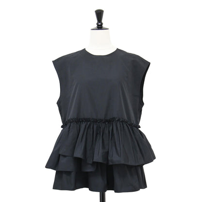 23秋冬 ポリエステル シルク マット タフタ ギャザー ティアード ブラウス / プルオーバー ノースリーブ ペプラム