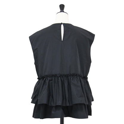 23秋冬 ポリエステル シルク マット タフタ ギャザー ティアード ブラウス / プルオーバー ノースリーブ ペプラム