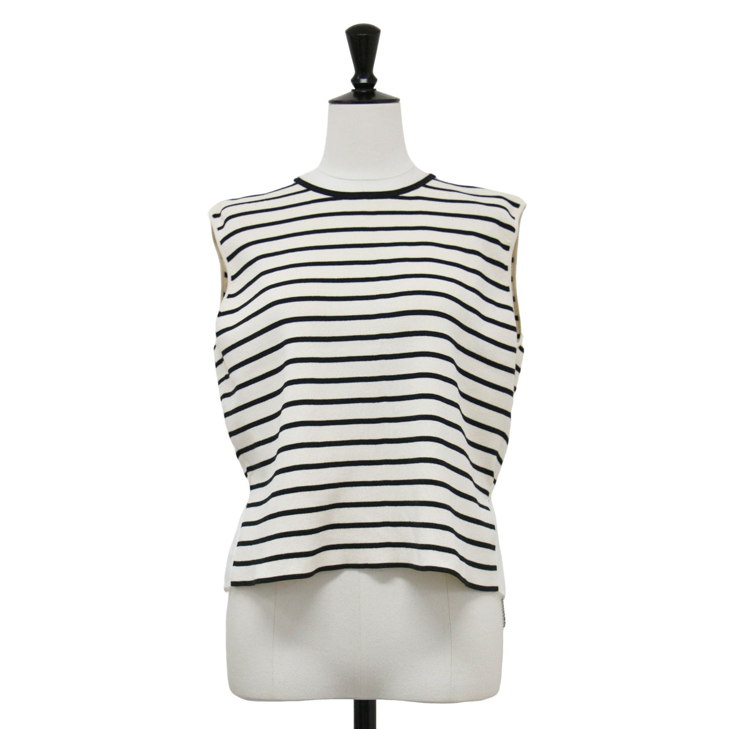 24春夏 ファブリックコンビ ノースリーブ プルオーバー / ニット クルーネック 切替 フリル ボーダー リボン コットン