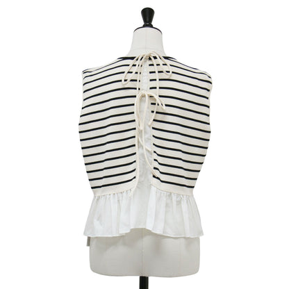 24春夏 ファブリックコンビ ノースリーブ プルオーバー / ニット クルーネック 切替 フリル ボーダー リボン コットン