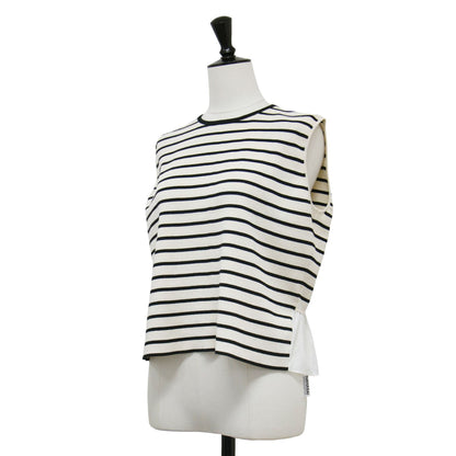 24春夏 ファブリックコンビ ノースリーブ プルオーバー / ニット クルーネック 切替 フリル ボーダー リボン コットン