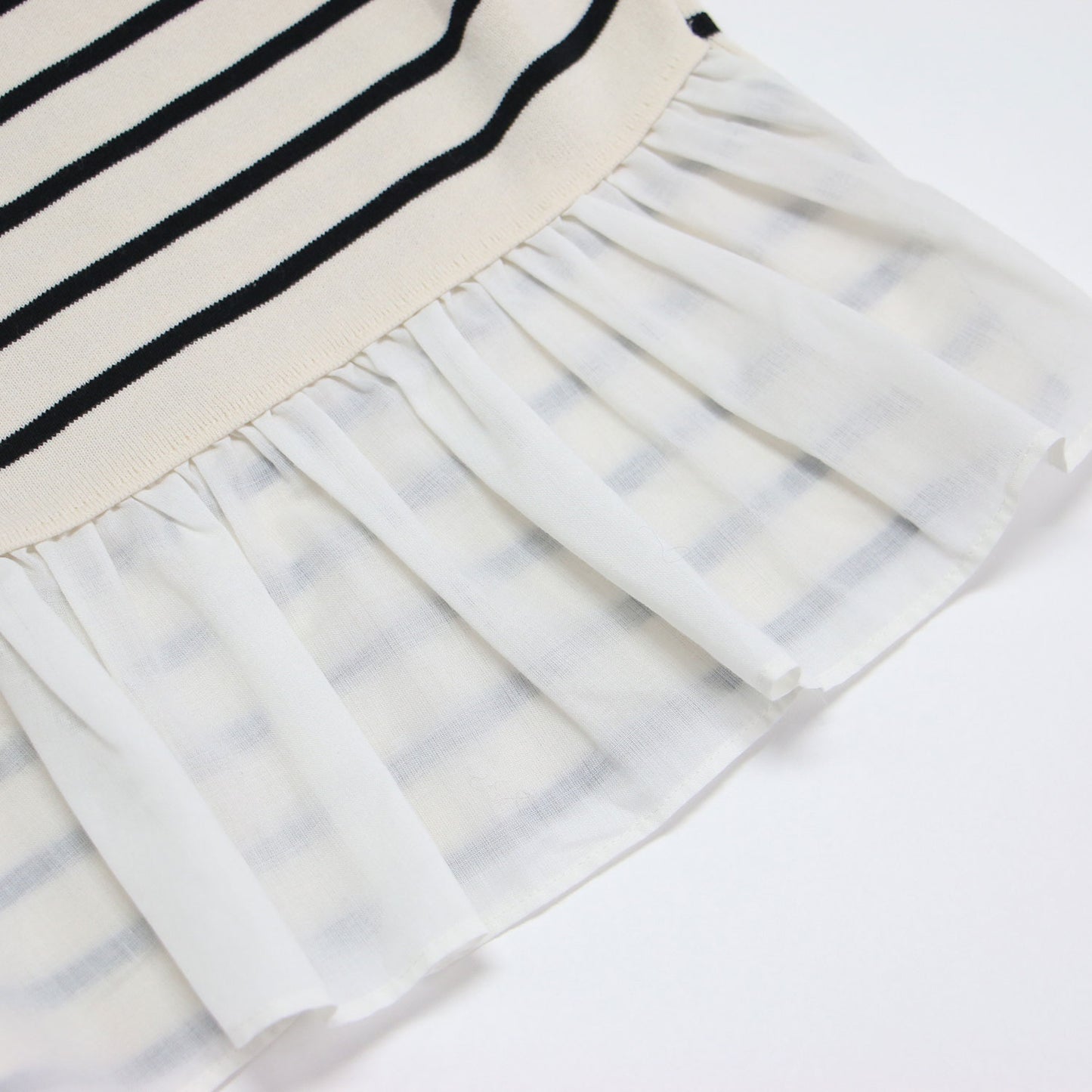 24春夏 ファブリックコンビ ノースリーブ プルオーバー / ニット クルーネック 切替 フリル ボーダー リボン コットン
