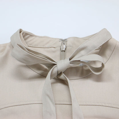 23秋冬 ペプラム デザイン デニム ワンピース / ミディ丈 長袖 ボウタイ フレア