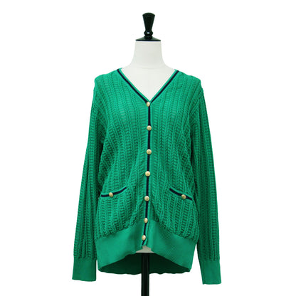 23春夏 変形 ケーブル ロングカーディガン / ニット 長袖 Vネック メタルボタン コットン ナイロン