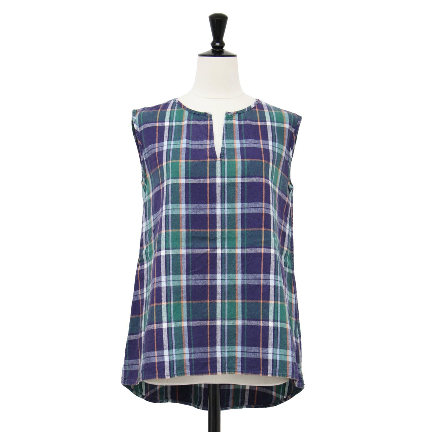 チェック柄 ノースリーブ スキッパー ブラウス / プルオーバー Vネック Aライン コットン リネン