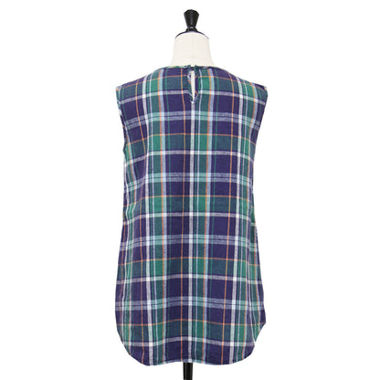 チェック柄 ノースリーブ スキッパー ブラウス / プルオーバー Vネック Aライン コットン リネン