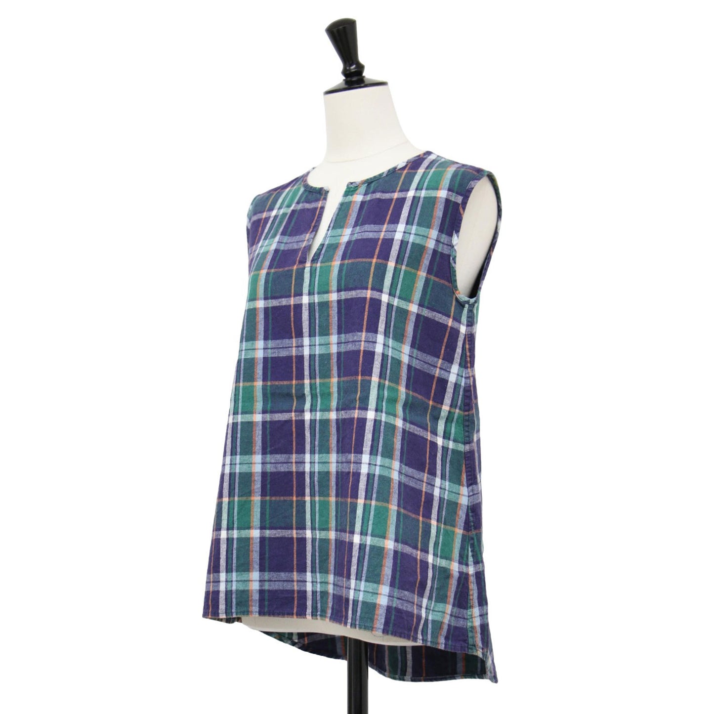 チェック柄 ノースリーブ スキッパー ブラウス / プルオーバー Vネック Aライン コットン リネン